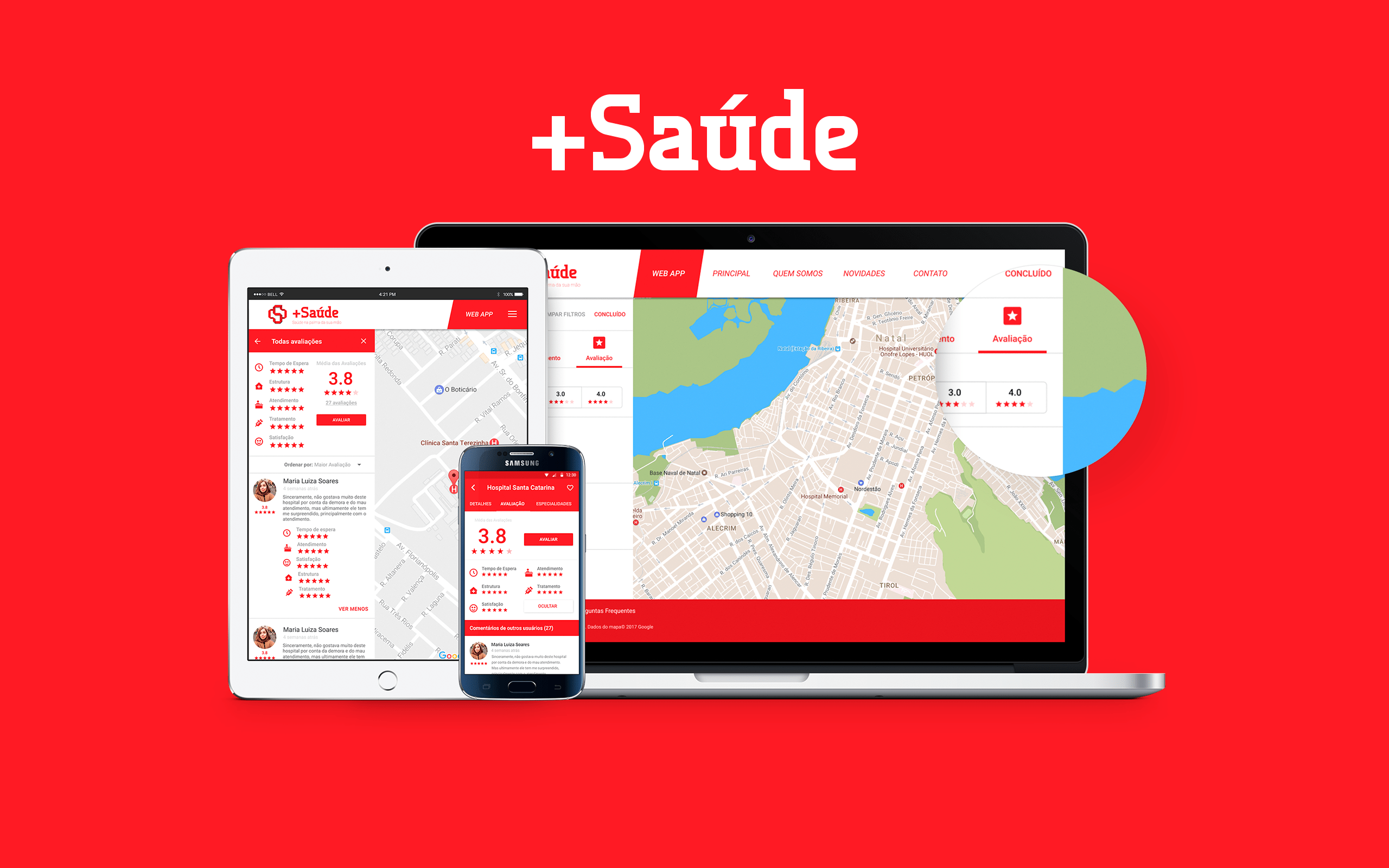 Multiple devices showing an application called +Saude that is focused on health. The link goes to the Product Designer Portfolio